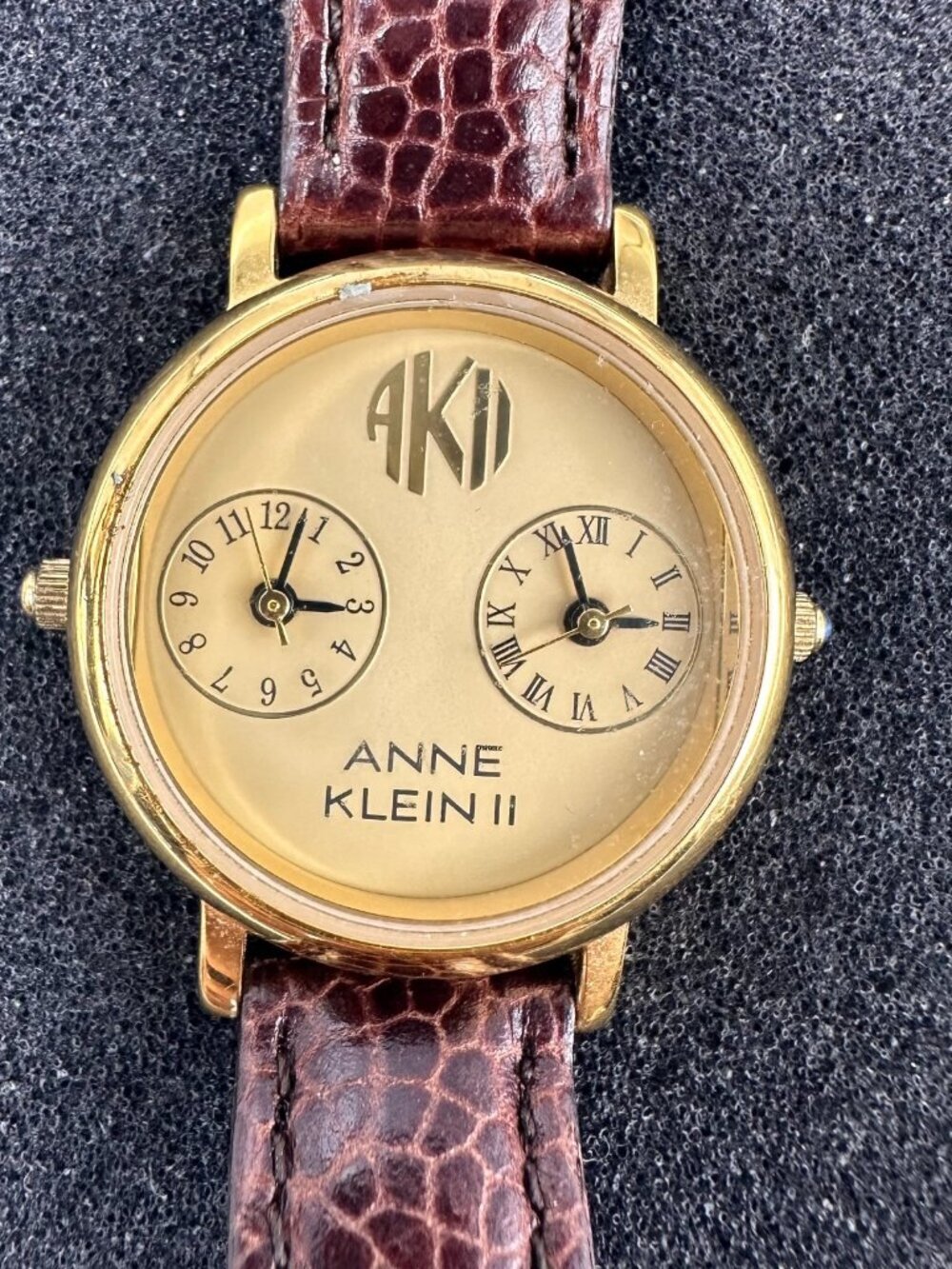 Anne Klein Watch Women Gold Tone Dual Time Brown Leather Band New Battery 8"